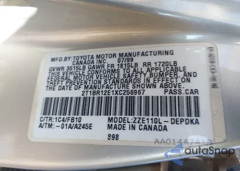 1999 Toyota Corolla Ce z USA, uszkodzony, nr VIN 2T1BR12E1XC256967